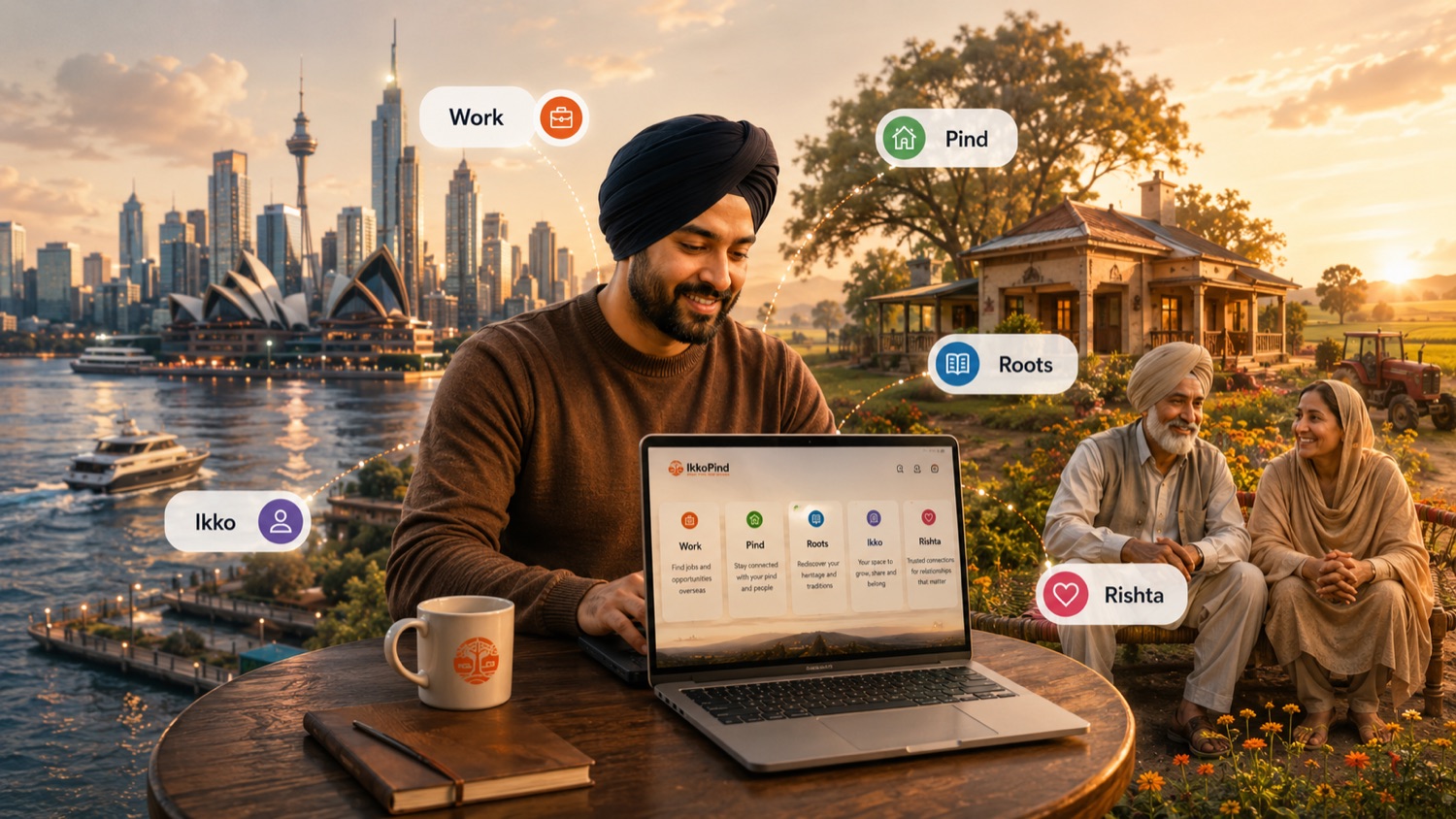 A Punjabi pardesi working on a laptop with a city skyline on one side and his parents and village home in Punjab on the other.