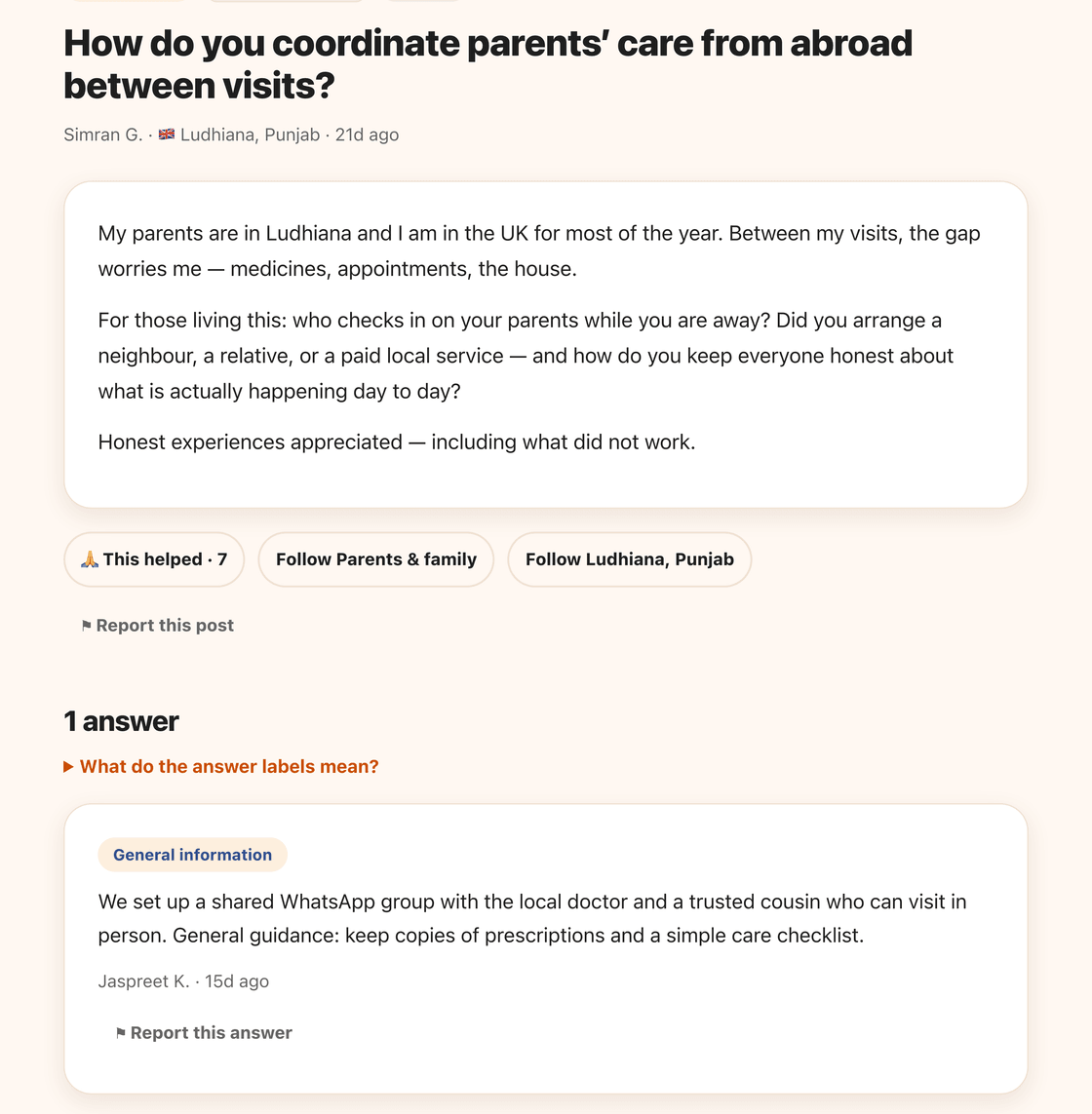 A question on the Pind Board asking how people coordinate their parents’ care from abroad between visits, with one answer underneath from another member describing the shared WhatsApp group and the local doctor they arranged.