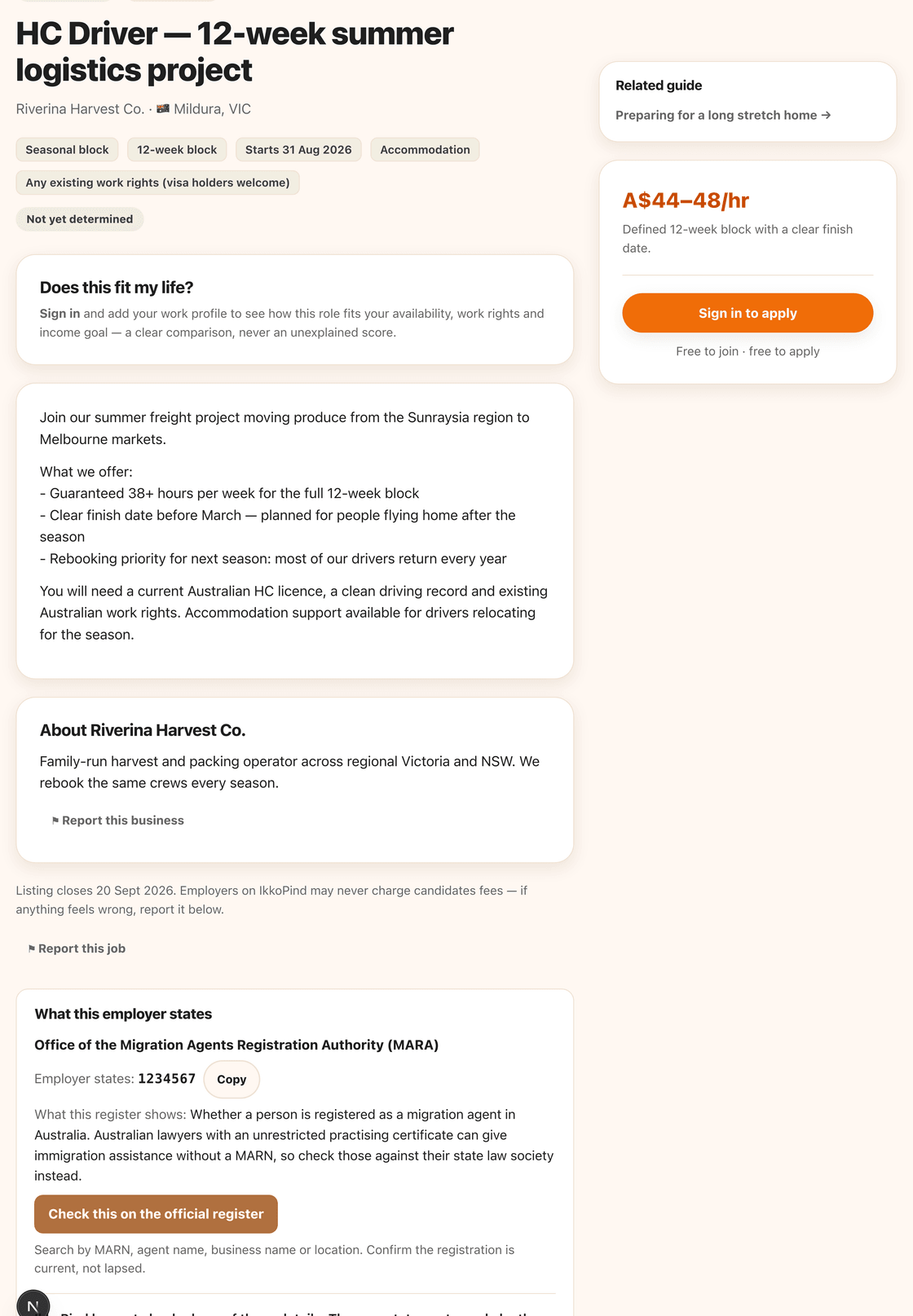 A job listing on IkkoPind. The pay rate and the exact start date are shown beside the listing before you apply, along with the block length and the work rights required. Underneath is a panel headed "What this employer states", showing the registration number the employer gave and a button to check it on the official government register.